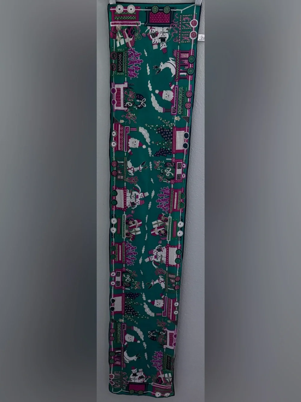 Vintage 1960s Vera Red and Green Holiday Train 100% Silk Scarf